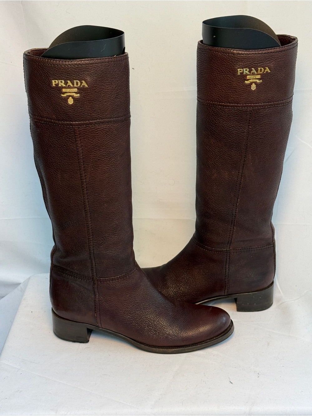 Prada Tall Pebbled Leather Riding Boots - Dark Burgundy